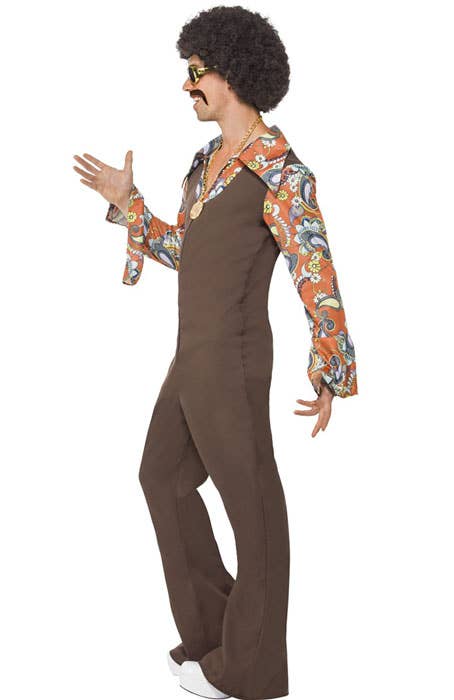 Men's 1970's Groovy Brown Hippie Jumpsuit Costume - Side Image