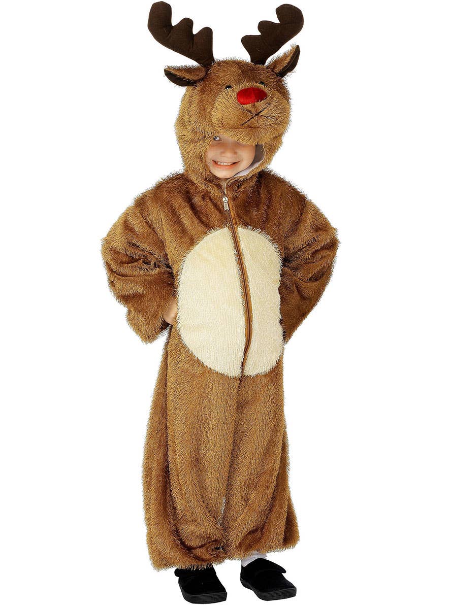 Image of Cute Fuzzy Brown Reindeer Onesie Kids Costume - Alternate Image