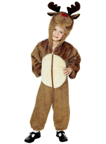 Image of Cute Fuzzy Brown Reindeer Onesie Kids Costume - Main Image