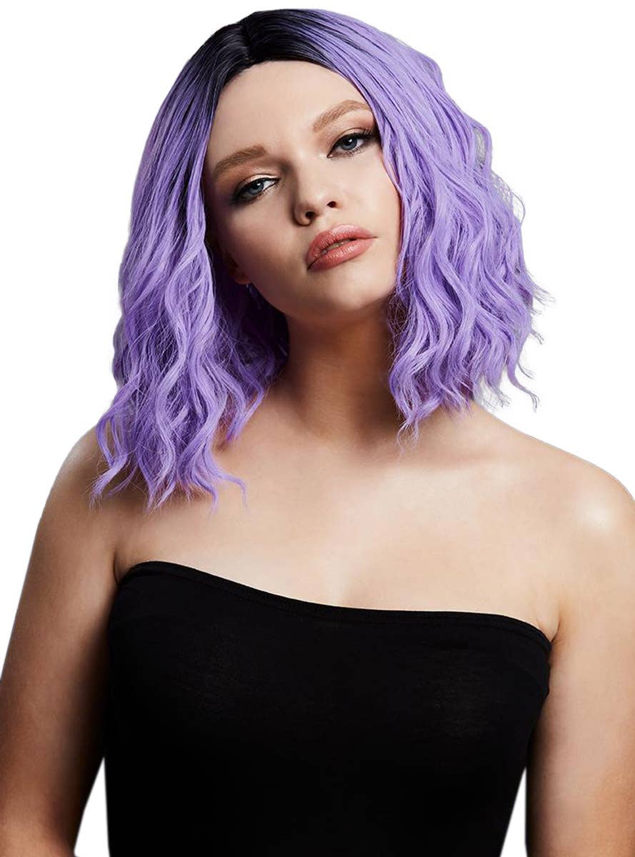 Image of Wavy Violet Purple Women's Costume Wig with Dark Roots