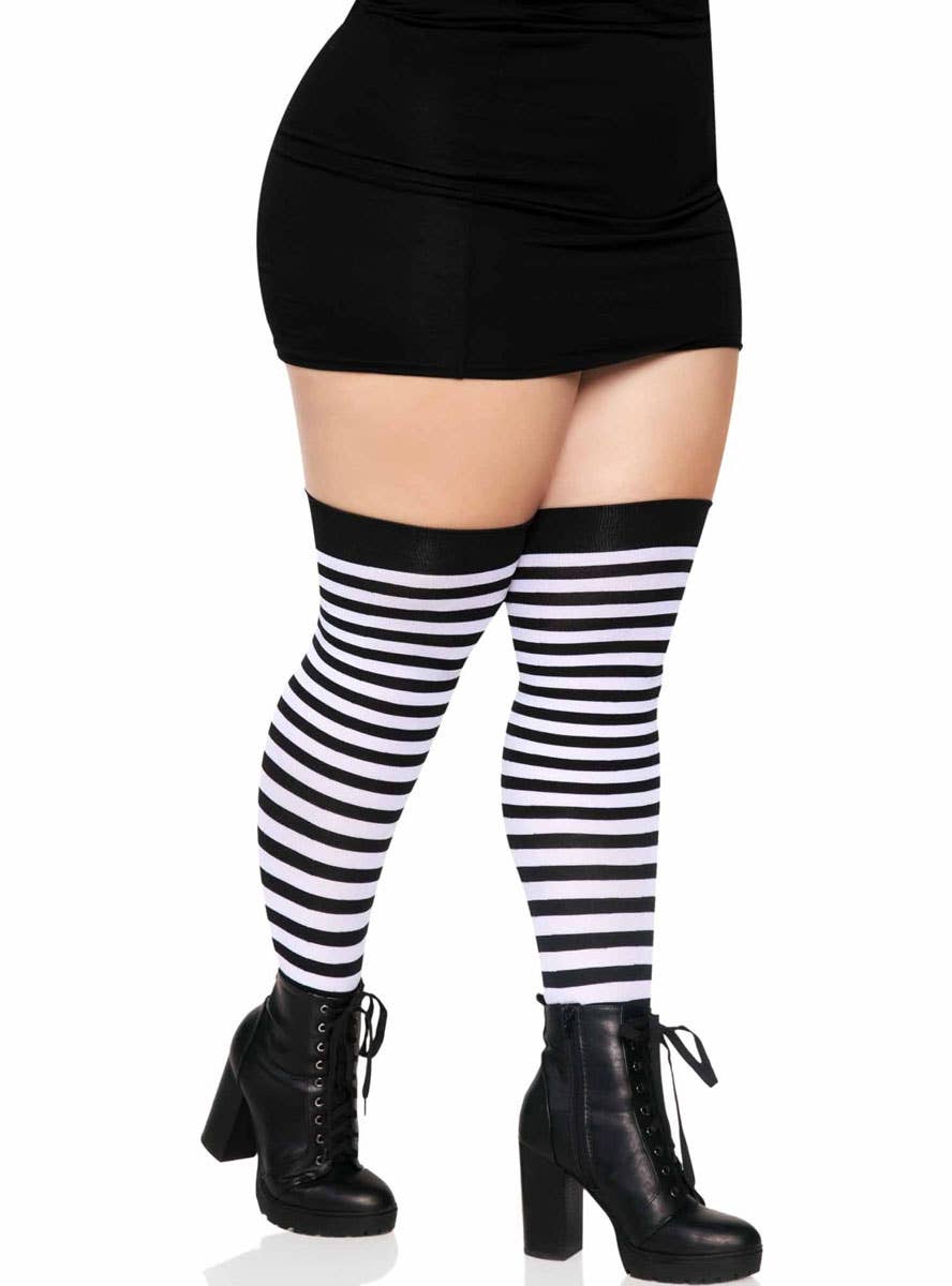 Image of Striped Black and White Plus Size Thigh Highs - Side View