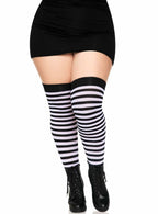 Image of Striped Black and White Plus Size Thigh Highs - Front View