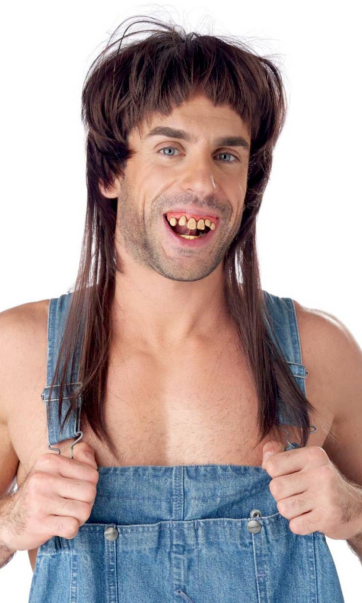 Men's Brown Hillybilly Bogan Mullet Costume Wig and Teeth Accessory Set Front Image
