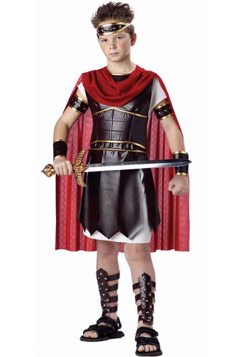 Boy's Roman Gladiator Costume with Red Cape Front