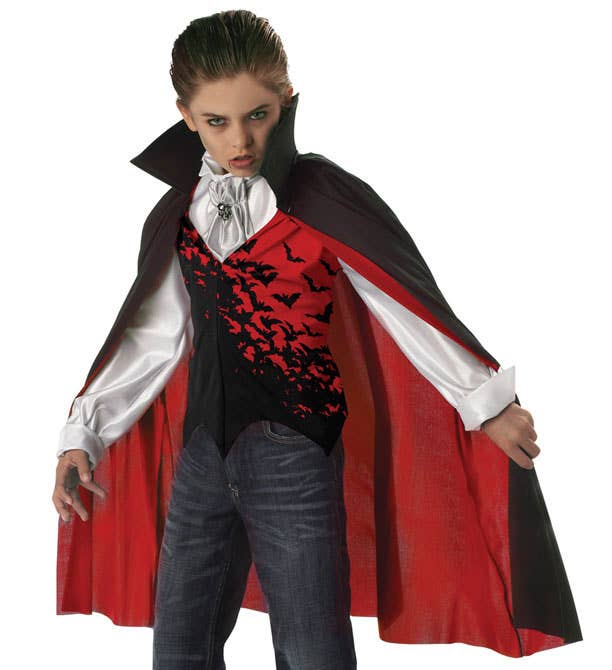 Boy's Vampire Red and Black Halloween Costume with Cape Close Image