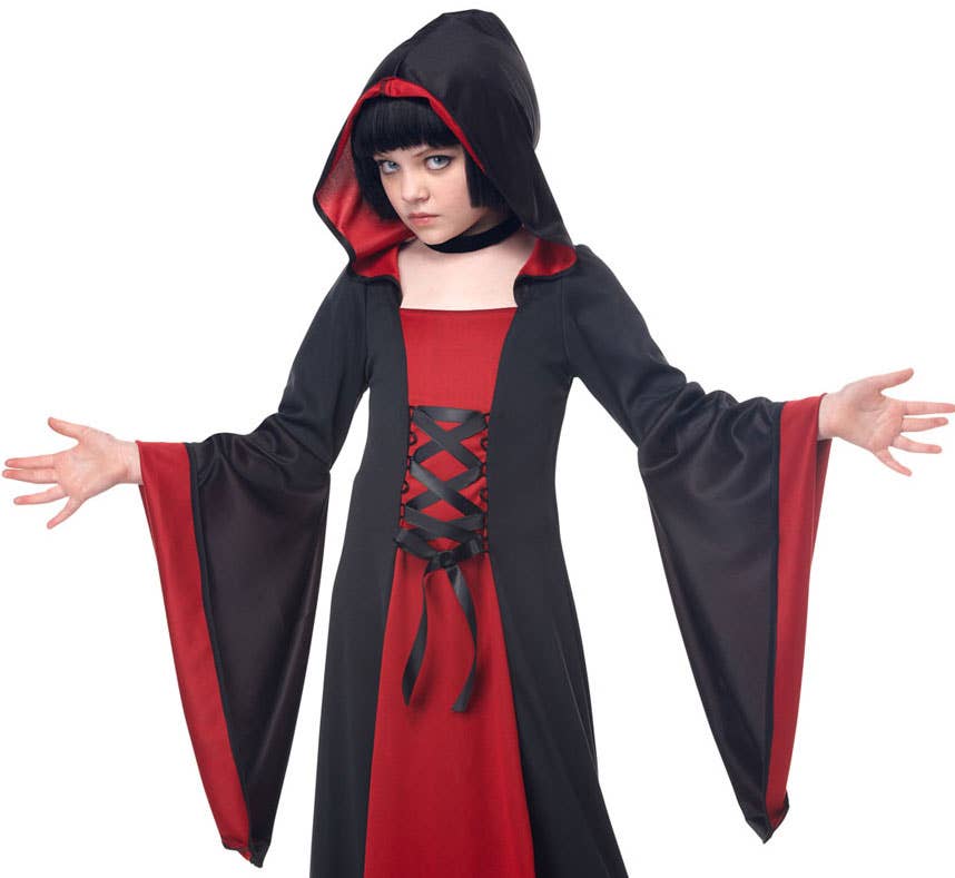 Girl's Black and Red Long Hooded Robe Costume Front View