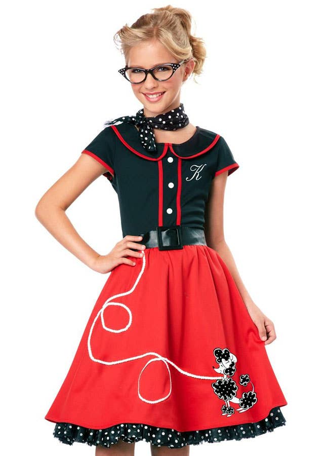 Girl's Retro Rockabilly Red Poodle 50s Skirt Costume - Close View