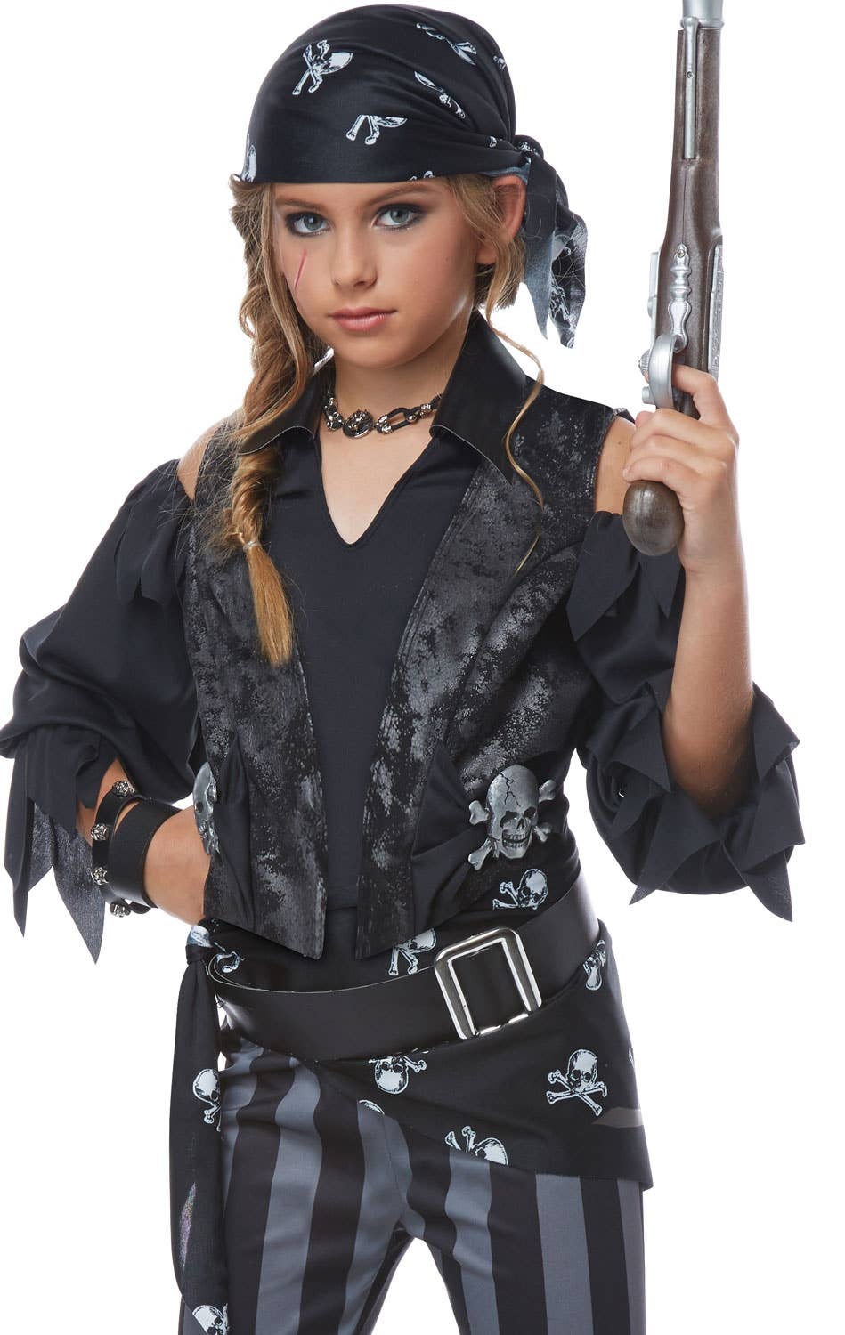 Rebel Black Pirate Girl's Fancy Dress Costume Close Up Front Image