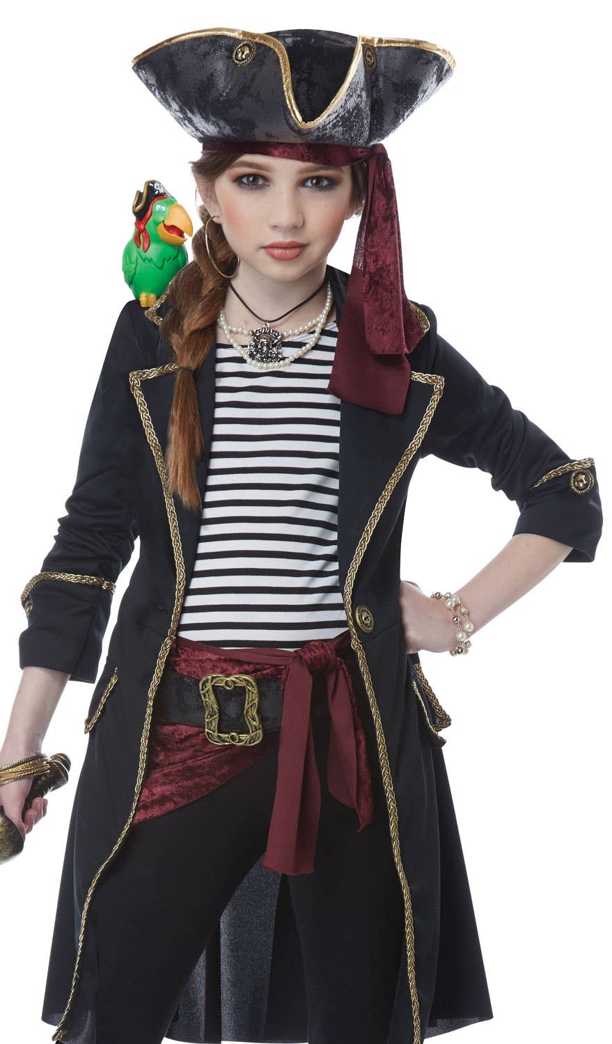 Captain Pirate Black and Gold Girls Fancy Dress Costume Close Up Image