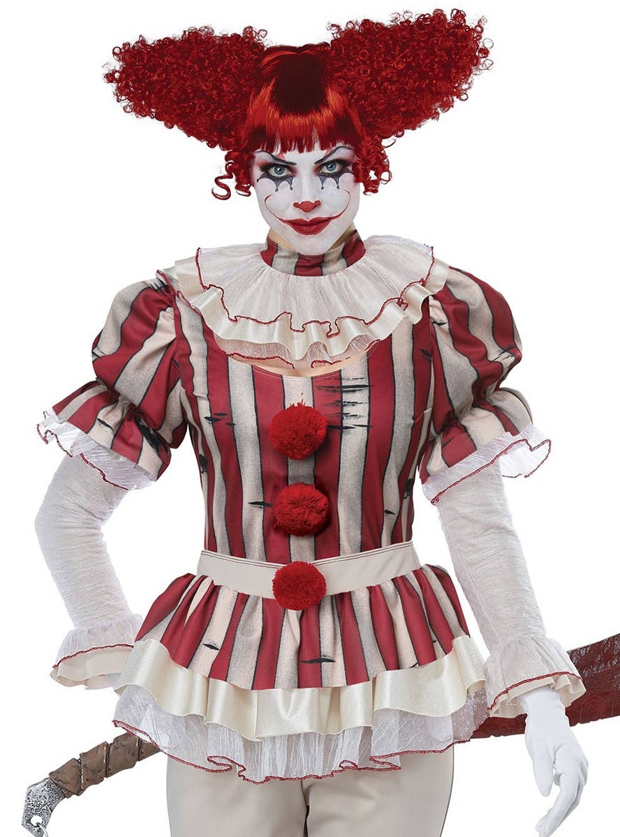 Deluxe Women's Sadistic Clown Halloween Fancy Dress Costume Close Up Image 