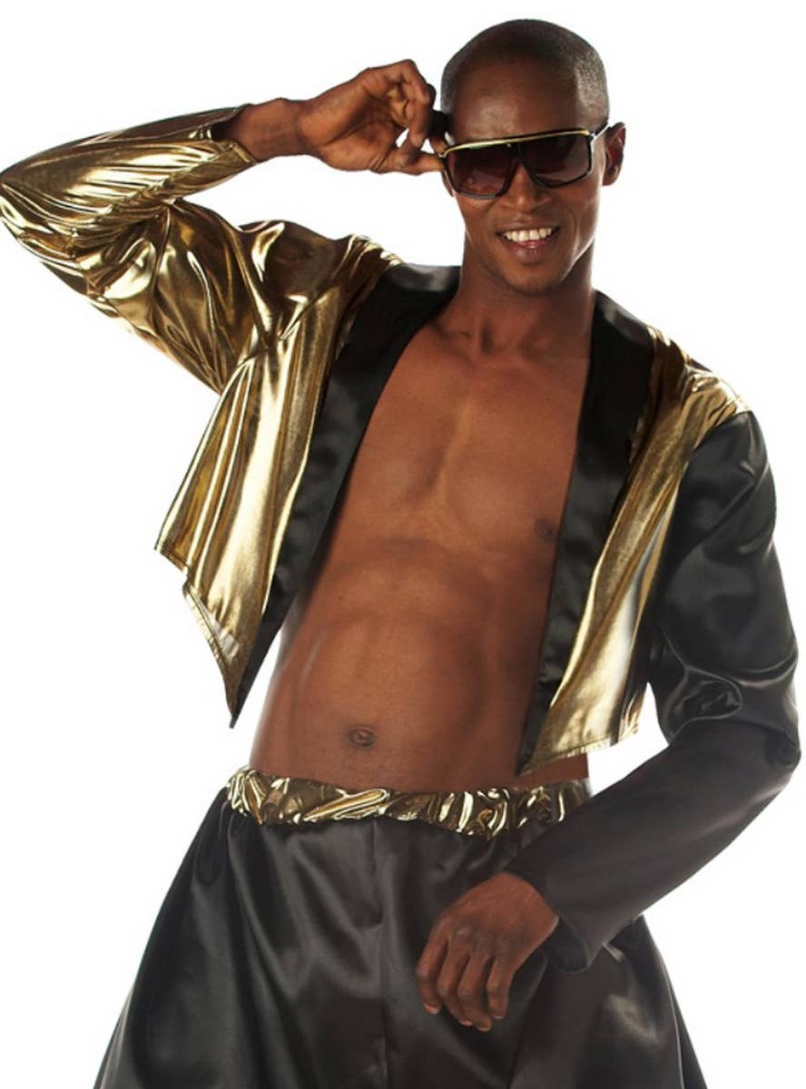 Old School 80s Rapper Black and Gold Mens Costume - Close Up Top Image