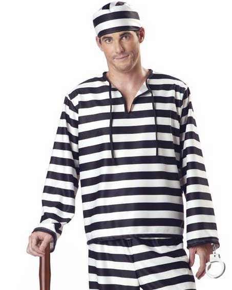 Jailbird Prisoner Mens Black and White Convict Costume -close up image