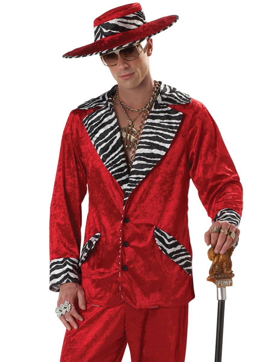 Playa Pimp Deluxe Red Velvet Pants Jacket and Hat with Zebra Trim Mens Cool Dress Up Costume - close Up Image