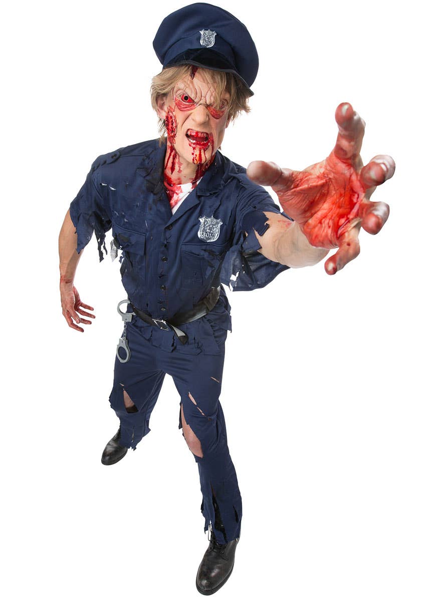 Police Uniform Navy Pants Shirt Hat Black Belt Hand Cuffs and Badge Mens Cop Fancy Dress Costume- Alt Zombie Image