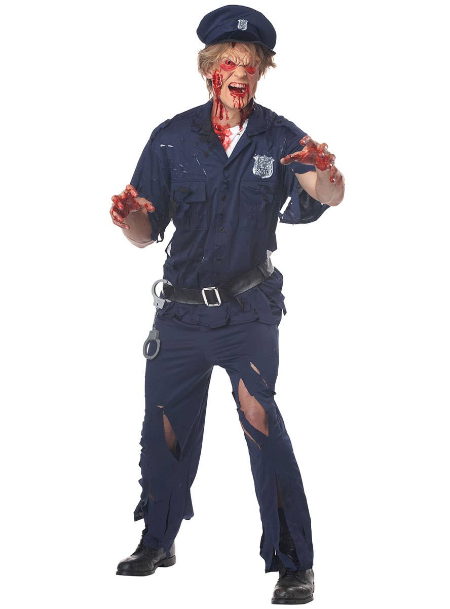 Police Uniform Navy Pants Shirt Hat Black Belt Hand Cuffs and Badge Mens Cop Fancy Dress Costume- Zombie Image