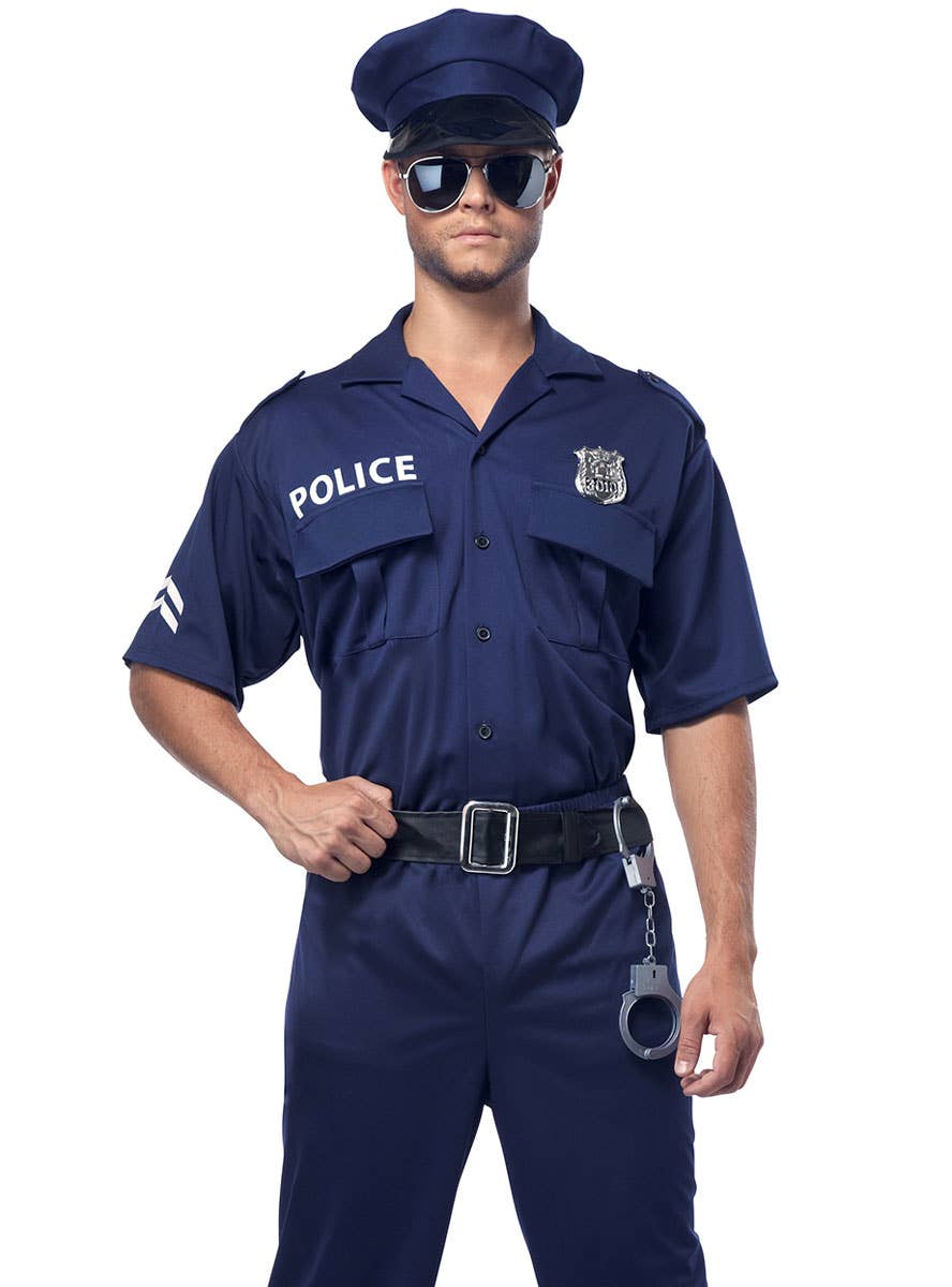 Police Uniform Navy Pants Shirt Hat Black Belt Hand Cuffs and Badge Mens Cop Fancy Dress Costume- Main Image