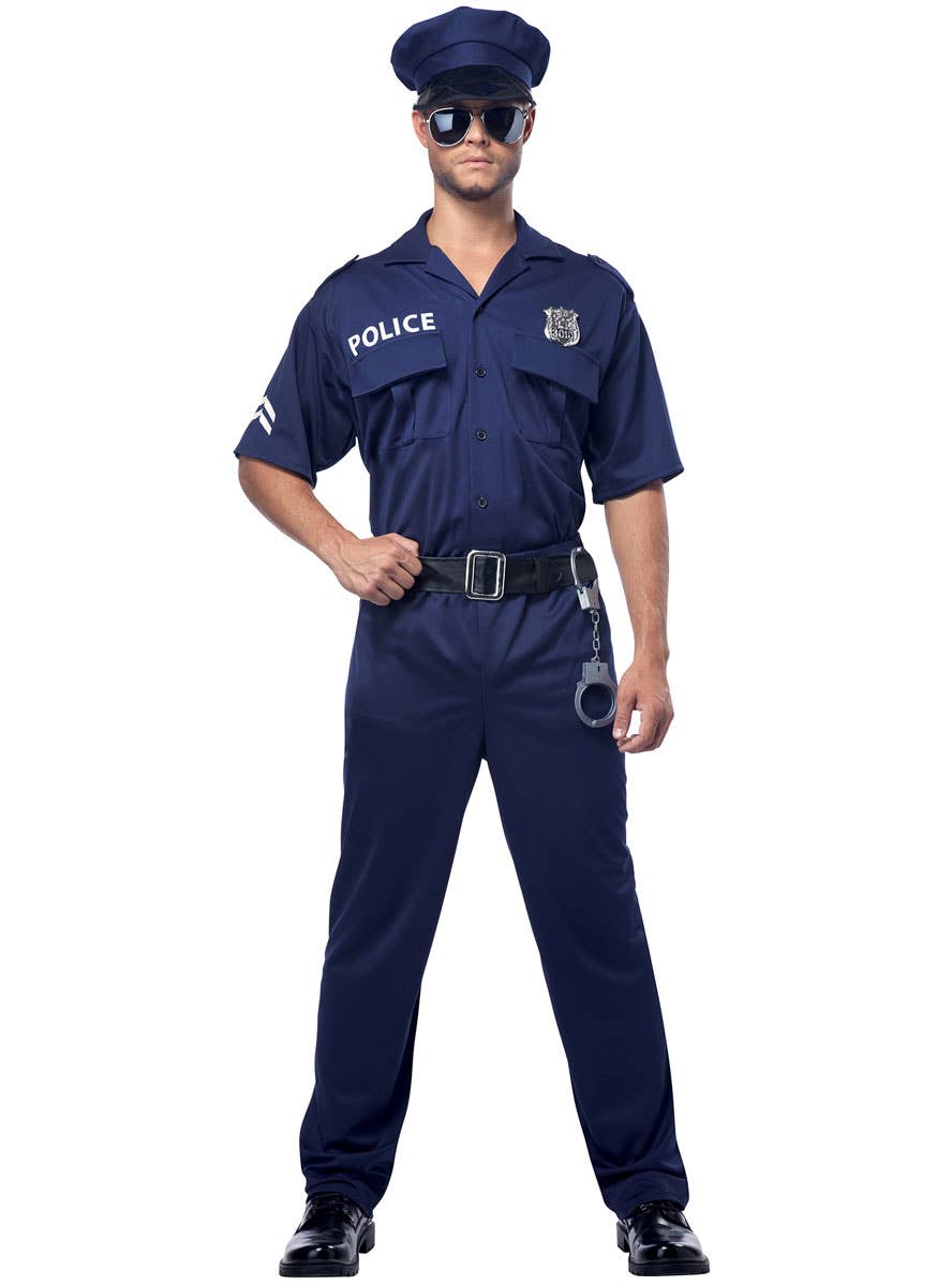 Police Uniform Navy Pants Shirt Hat Black Belt Hand Cuffs and Badge Mens Cop Fancy Dress Costume- Zoom Image