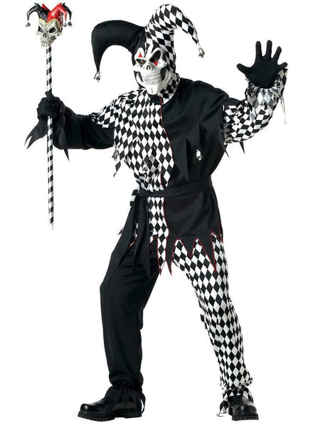 Evil Jester Black and White Check and Plain Pants and Top Includes Scary Mask Men's Halloween Costume - Main Image