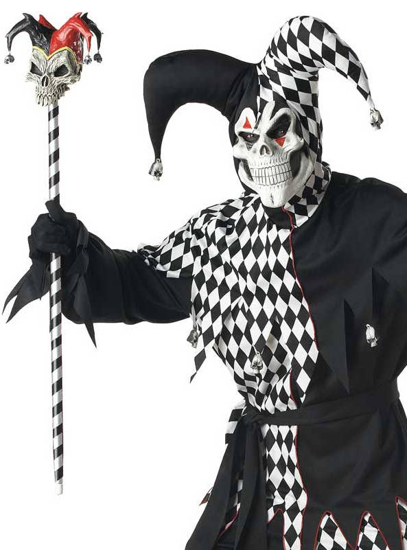 Evil Jester Black and White Check and Plain Pants and Top Includes Scary Mask Men's Halloween Costume - Close Up Image