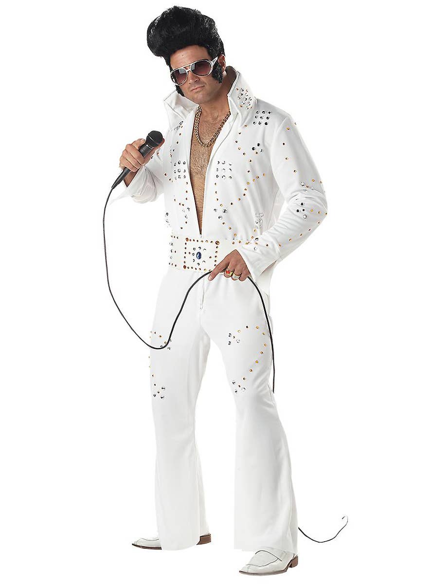 Rock Star Legend Elvis Presley Iconic White Jumpsuit with Flared Pants and Coloured Gems  Mens 50s 60s Costume Main image