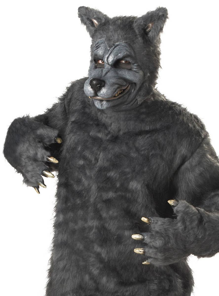 Furry Grey Faux Fur Big Bad Wolf Halloween Costume for Men Close Up Image