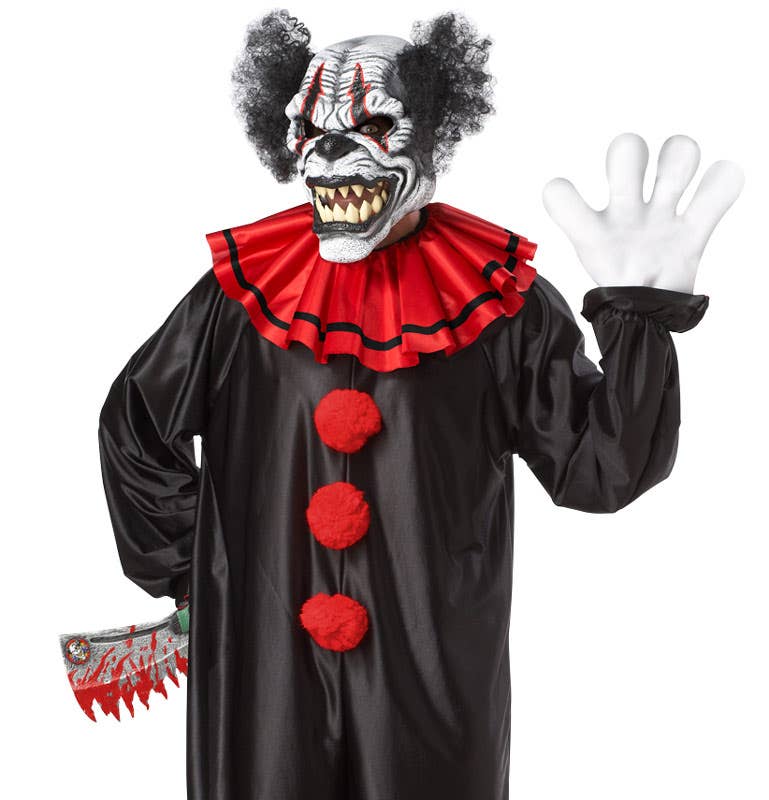 Red and Black Last Laugh Evil Clown Men's Halloween Costume with Deluxe Ani-Motion Mask - Close Up Image