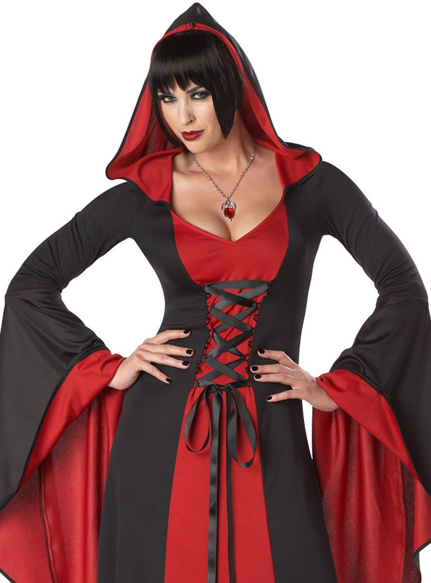 Black and Red Hooded Dress Robe Women's Halloween Costume - Alternative Image