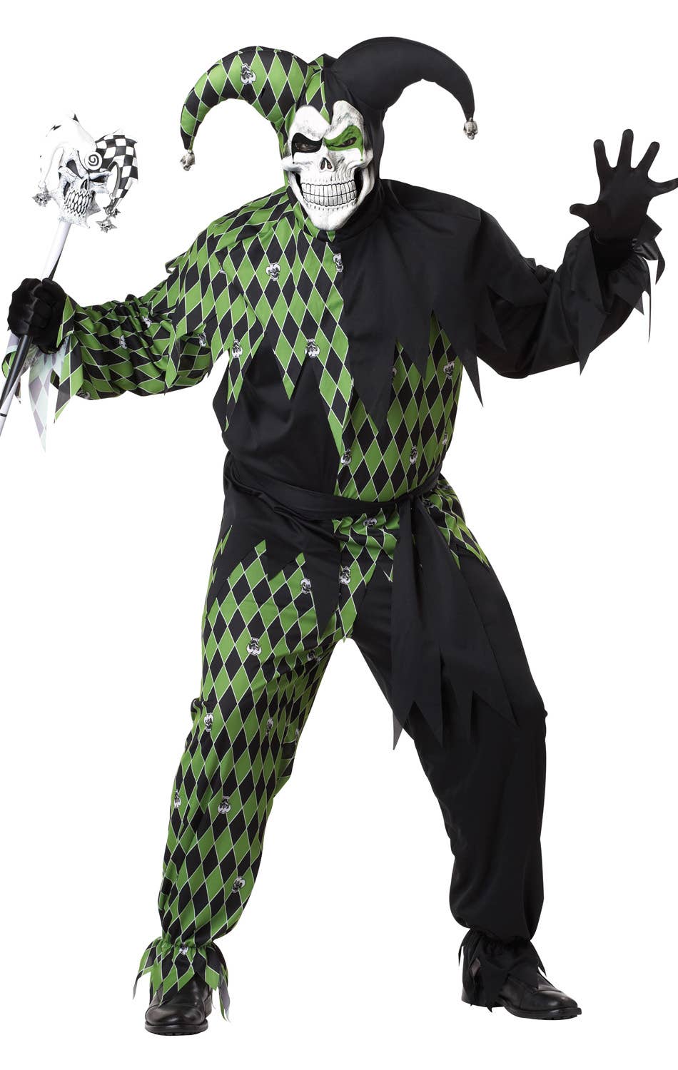 Men's Black and Green Jester Hallowen Fancy Dress Costume - Alt Image