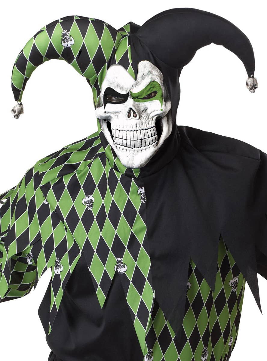 Men's Black and Green Jester Hallowen Fancy Dress Costume - Close Up Image