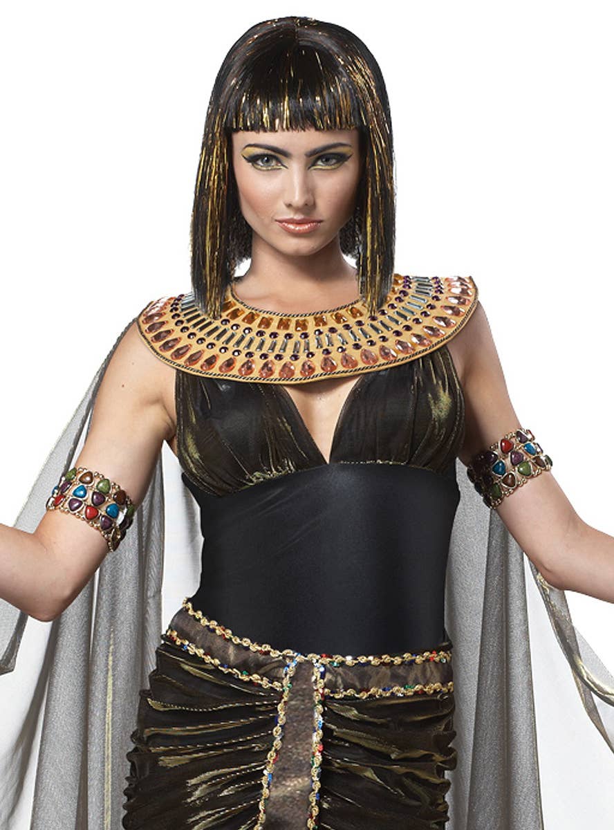 Queen Cleopatra Women's Egyptian Costume Black Toga Fancy Dress Close Top Image