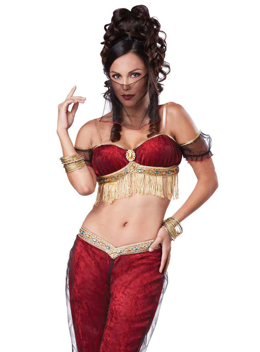 Women's Sexy Red and Gold Velvet Dreamy Genie Costume - Close Image