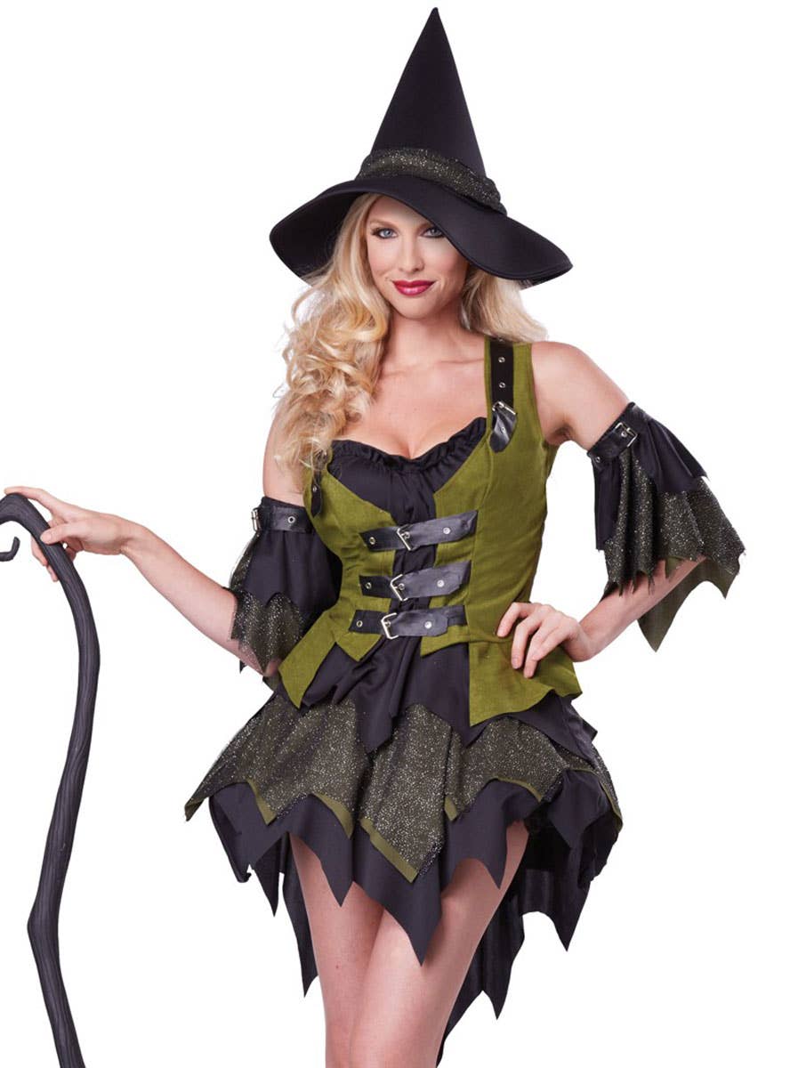 Jagged Green and Black Women's Bewitching Babe Sexy Witch Halloween Costume - Close Image