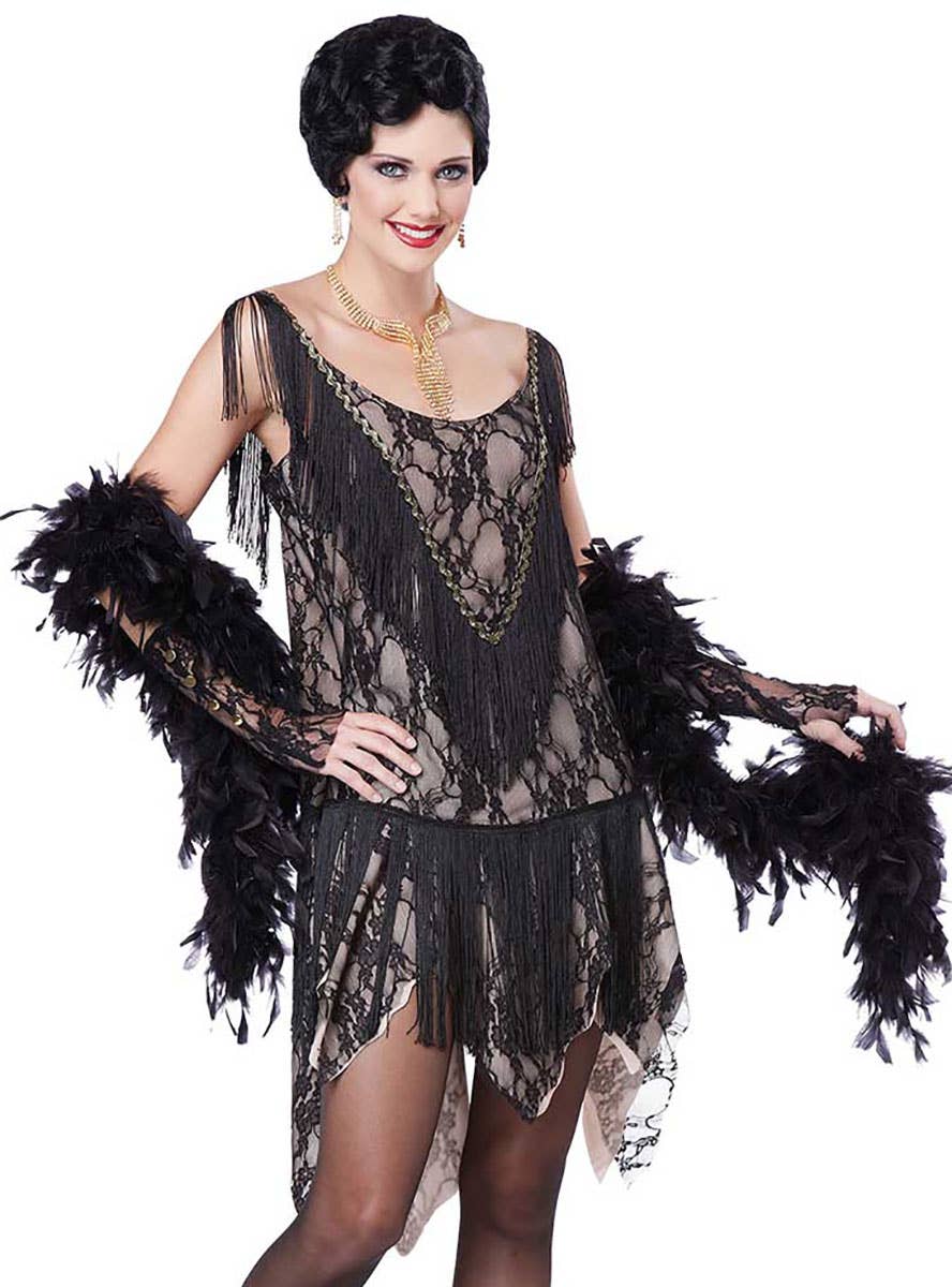 1920s Women's Black Lace Gatsby Flapper Dress Costume Front View