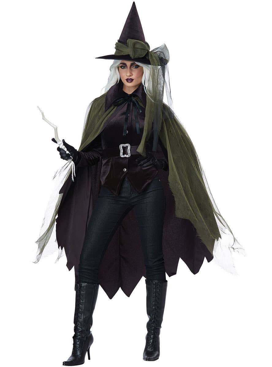 Women's Green Gothic Witch Halloween Fancy Dress Costume With Cape Image