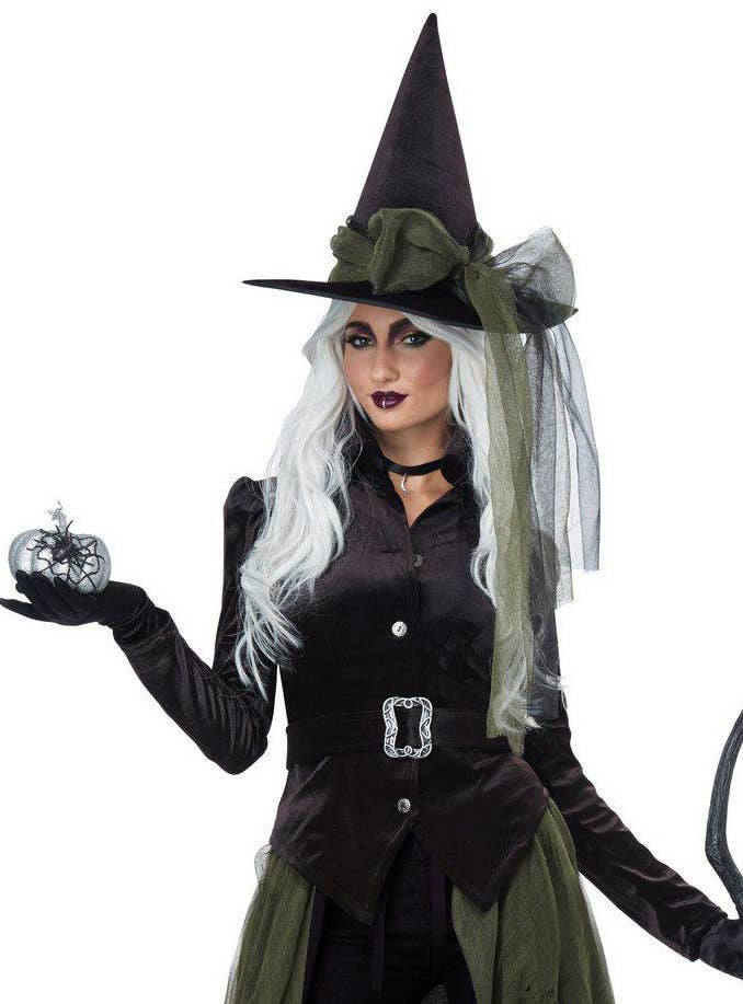 Women's Green Gothic Witch Halloween Fancy Dress Costume Close Up Image