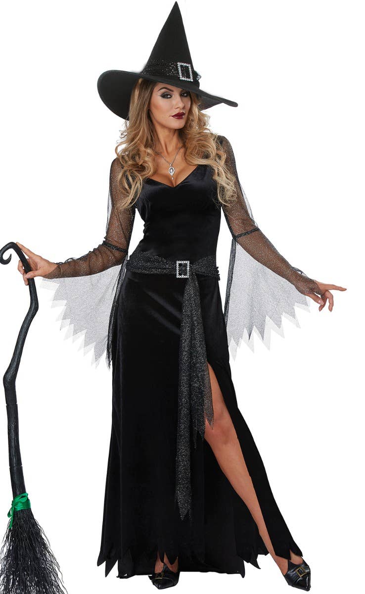 Rich Witch Women's Halloween Black Glitter Sexy Fancy Dress Costume Main Image