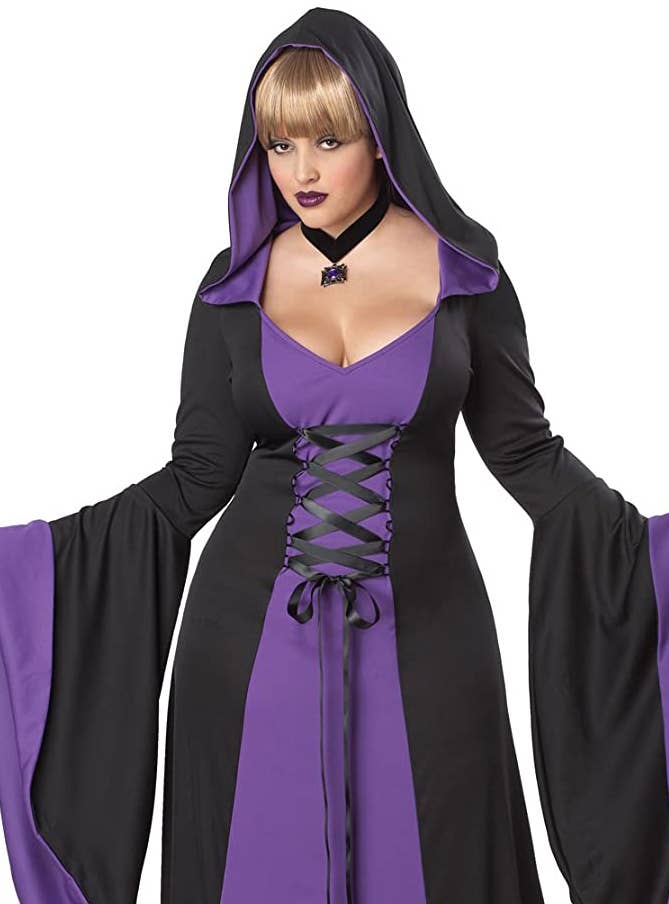 Women's Plus Size Long Black and Purple Hooded Robe Close Up Image