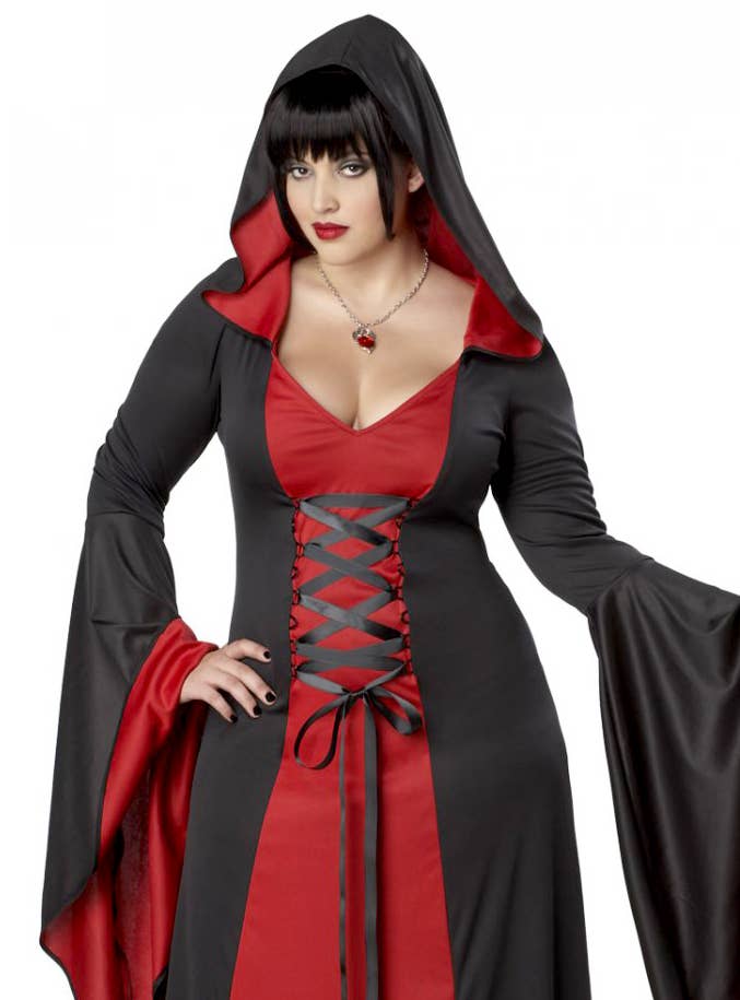 Women's Plus Size Long Black and Red Hooded Robe Close Up Image