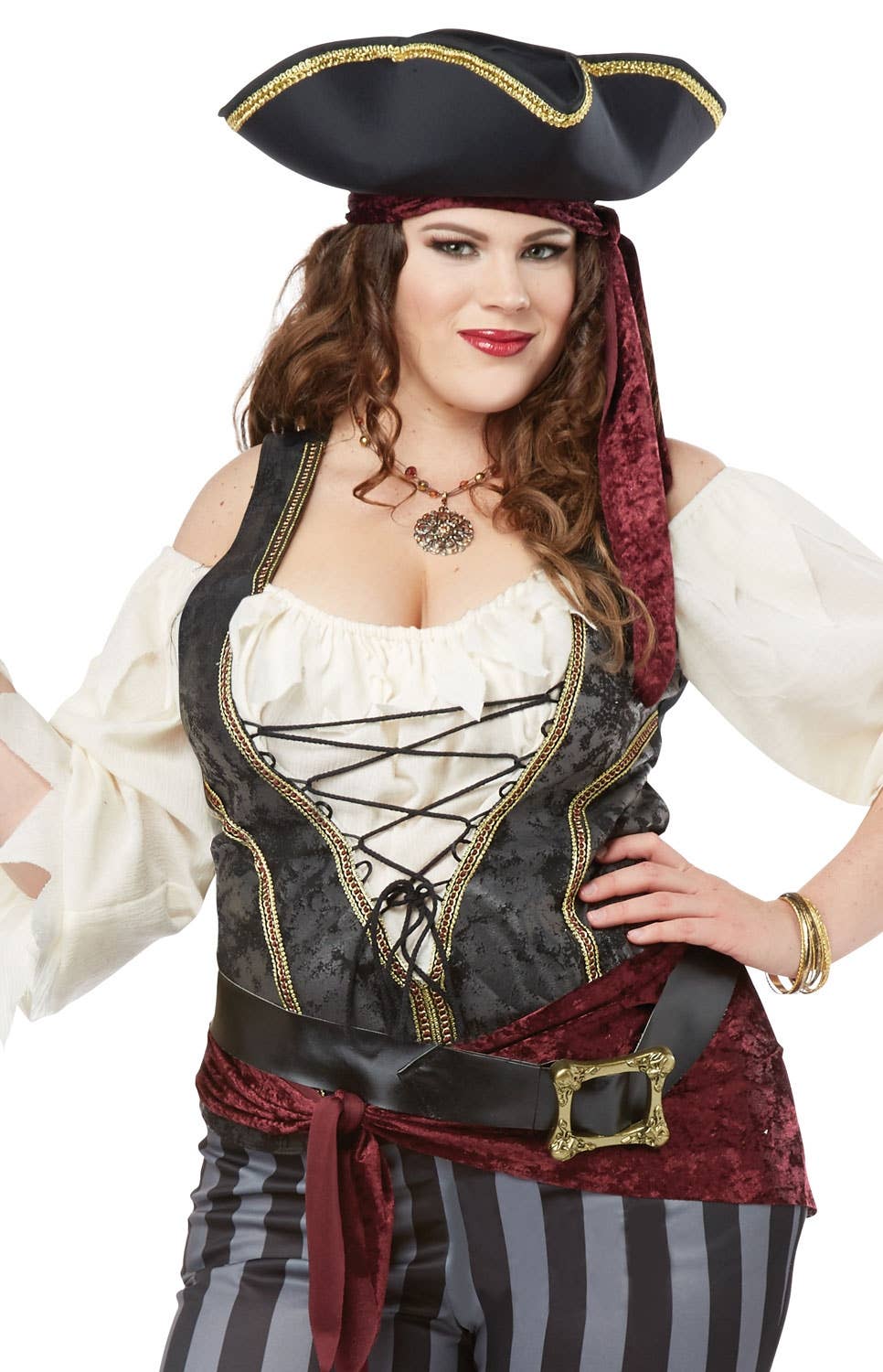Plus Size Buccaneer Women's Black and Grey Pirate Costume Close Up Image