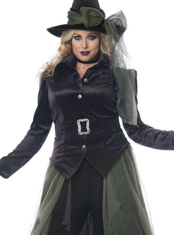 Plus Size Women's Green Gothic Witch Halloween Fancy Dress Costume Close Up Image