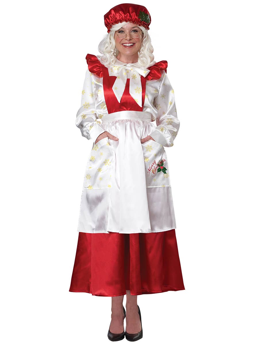 Women's Mrs Claus Red Pinafore Dress with Apron Christmas Costume - Alt Image 1