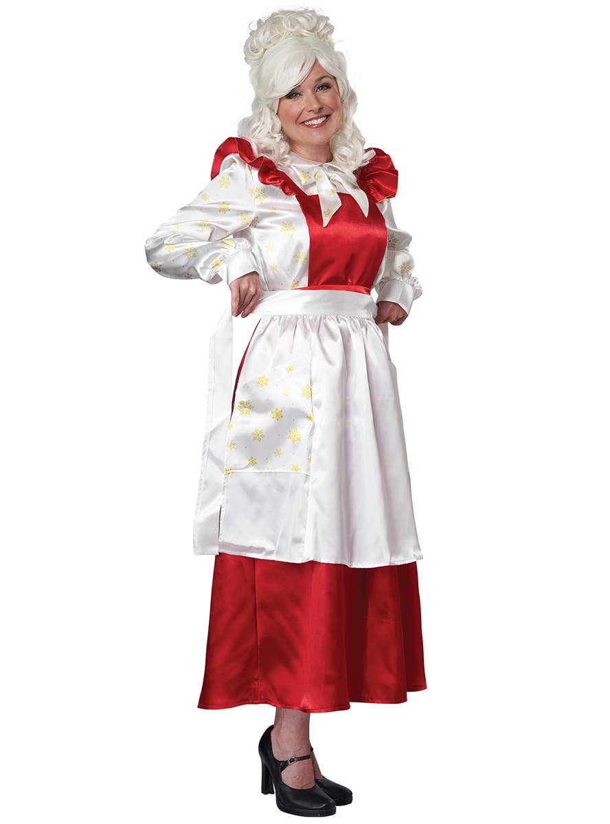 Women's Mrs Claus Red Pinafore Dress with Apron Christmas Costume - Alt Image 2