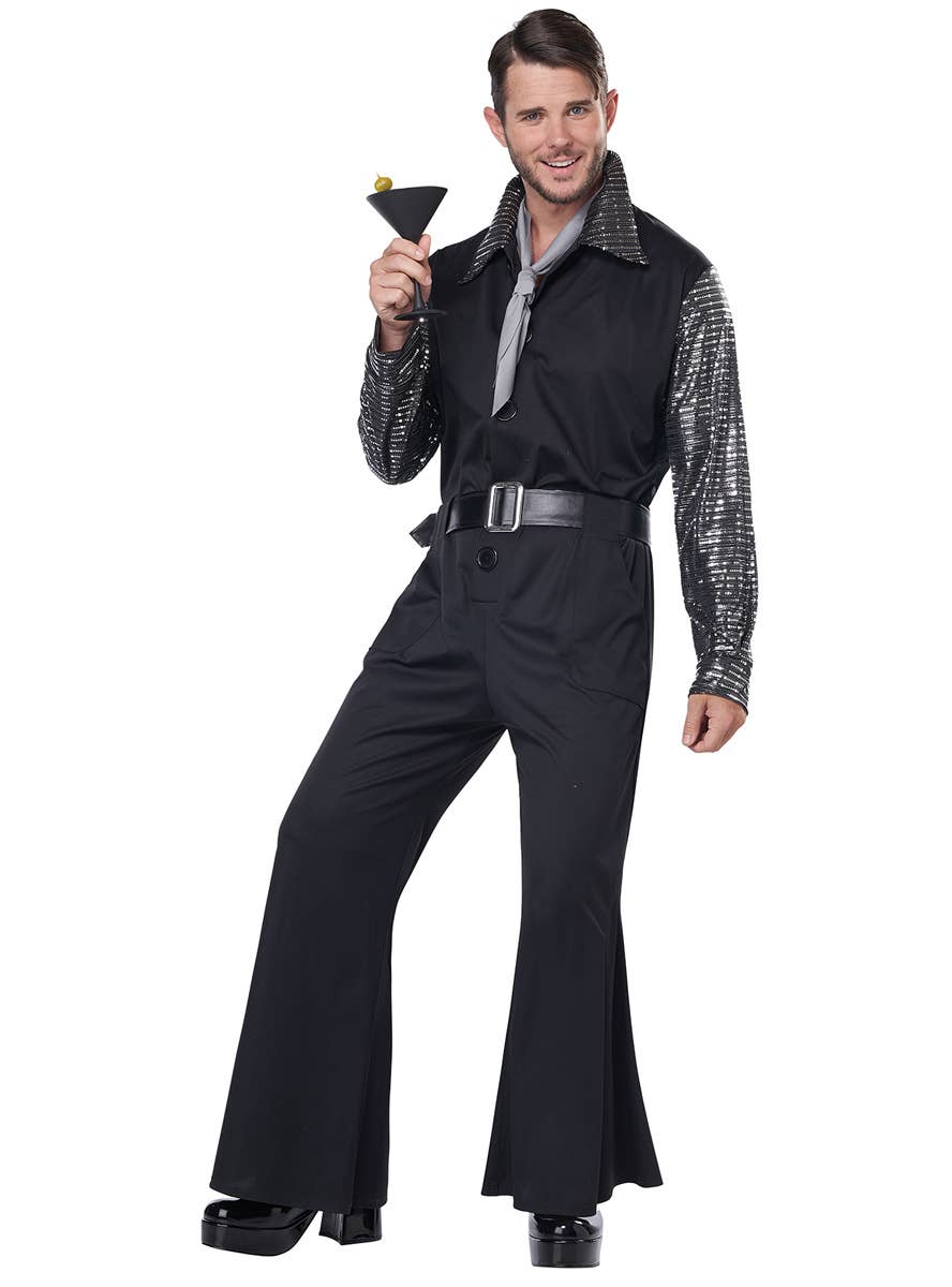 Black and Silver Men's Flashy 70's Costume Jumpsuit - Alternative Image