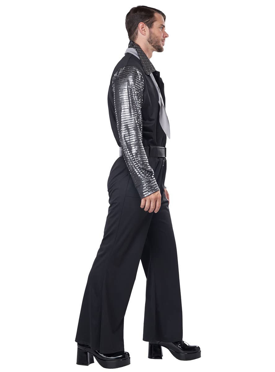 Black and Silver Men's Flashy 70's Costume Jumpsuit - Side Image