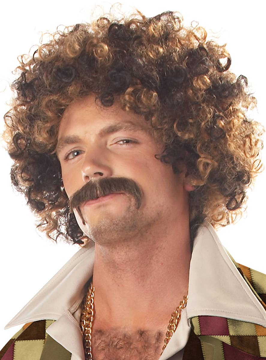 Disco Dirtbag Mens Black and Ginger Afro Wig and Moustache Set