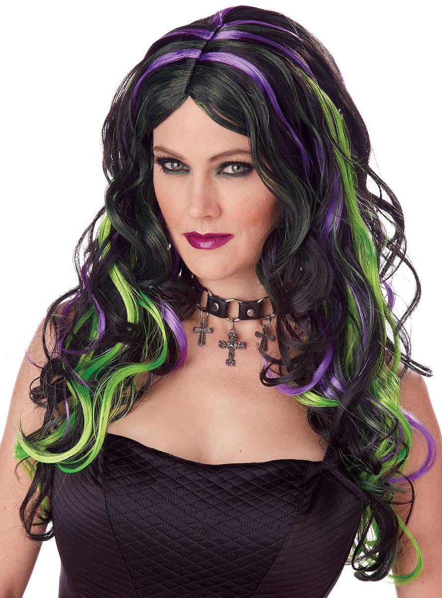 Long Black and Green Wicked Witch Womens Costume Wig