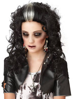 Women's Curly Black Zombie Wig with White Streak