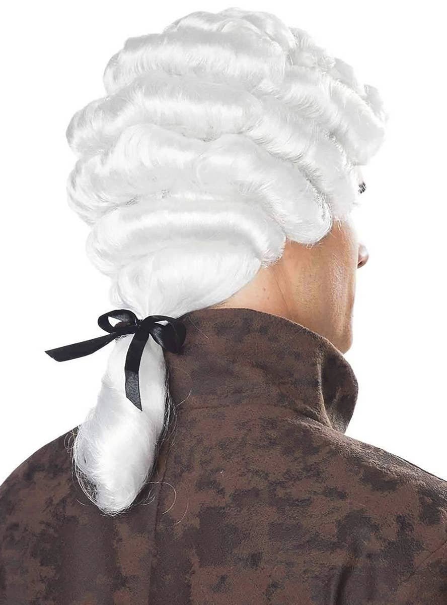 Men's White Colonial Costume Wig with Rolled Curls and Ponytail Back Image