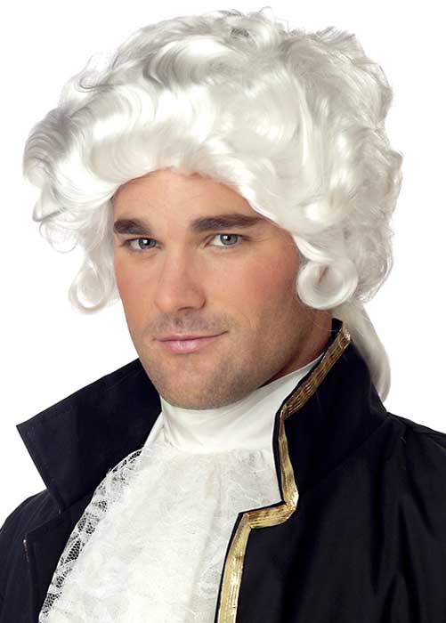 Men's White Colonial Costume Wig with Rolled Curls and Ponytail Alternative Image