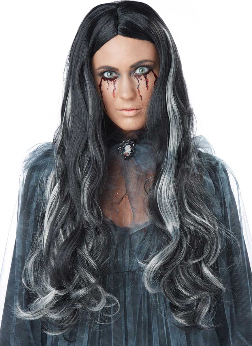 Women's Long Black and White Wavy Halloween Wig